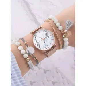SHEIN 1pc Marble Print Dial Quartz Watch & 4pcs Bracelet-50895