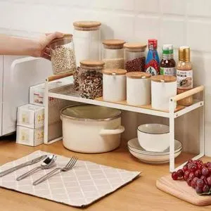 Table Organizer, Spice Rack And Cabinet Holder, Metal Cupboard Storage Rack With Wooden Handles.