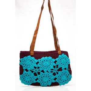 Ebda3 Men Masr Women Leather Crochet Shoulder Bag - Turquoise & Brown