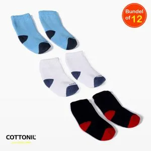 Cottonil Pack Of 12-Logo Printed Plain Ribbed Trim Ankle Boys Socks