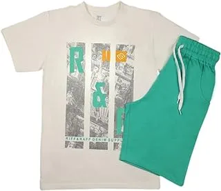 Papillon Cotton Set Of 2 Pieces Half Sleeves T-shirt&Short Printed Shapes For Boys-Off White&Green-16Year