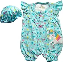 Baby Shoora Cotton Set of 2 Pieces Sleeveless Bodysuit& Hat Printed Horse For Girls-Turquoise&Pink-6-12Month