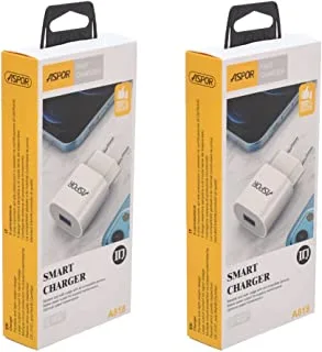 Aspor A818 Fast Charger With IQ 2.4 A Output And 1 USB For Mobile Phone Set of 2 Pieces - White