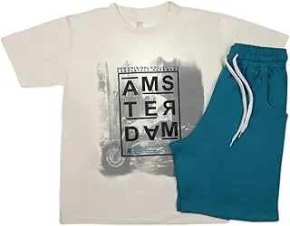 Papillon Cotton Set Of 2 Pieces Half Sleeves T-Shirt&Short Printed Words For Boys-Off White&Petroluem-18Year