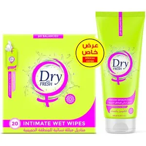 Dry Fresh Feminine Intimate Set , Of Wash 200ml And Single Wipes 20pcs , Musk