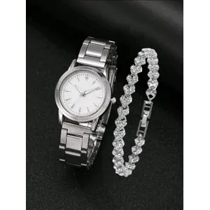 SHEIN 1pc Round Pointer Quartz Watch & 1pc Bracelet-1655