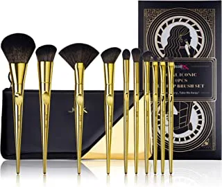 Jessup gold makeup brushes 10pcs with cosmetic bag, premium synthetic powder contour foundation blusher blending eyeshadow eyebrow liner brushes, t317