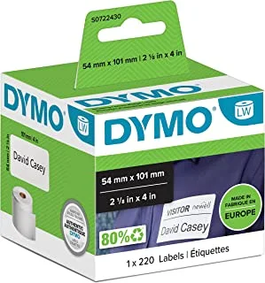 Dymo 54 مم × 101 مم LW ملصقات شحن كبيرة / شارات اسم ، لفة من 220 ملصق سهل التقشير ، ذاتية اللصق ، لصانعي ملصقات الملصقات ، أصلي