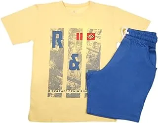 Papillon Cotton Set Of 2 Pieces Half Sleeves T-shirt&Short Printed Shapes For Boys-Yellow&Blue-14Year