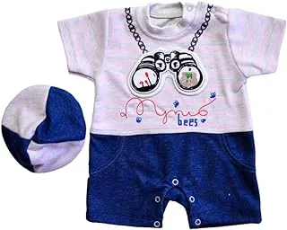 Baby Shoora Cotton Set of 2 Pieces Half Sleeves Bodysuit&Hat Embroidered Bees For Boys-Multicolor-3-6Month