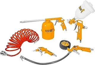 Ingco 5 pc air compressor tool set with 4 meter hose,spray gun,tire inflator,blow gun,and washing gun,yellow,akt0053