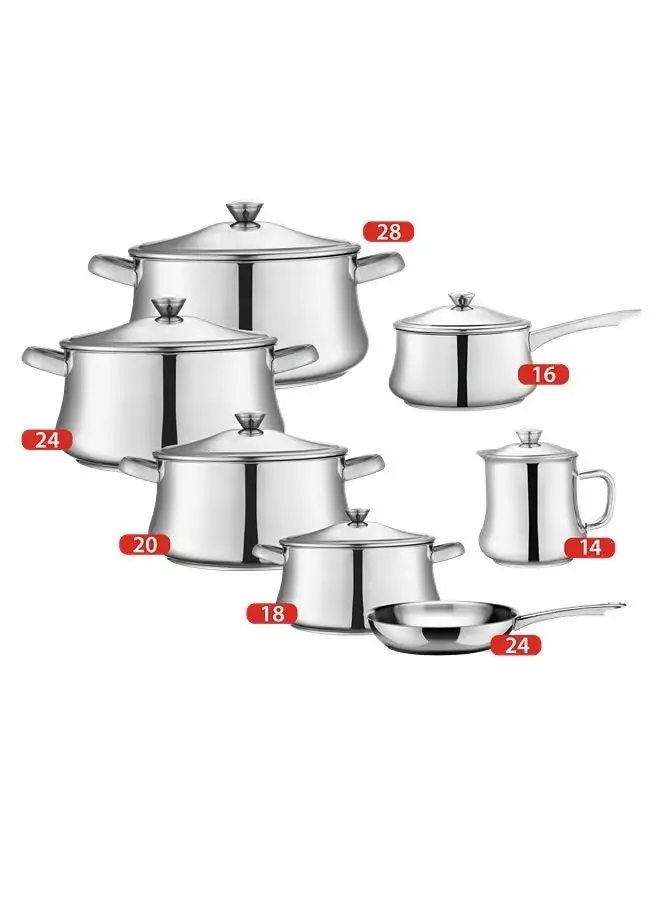 Zahran 13 Piece Stainless Steel Classic Cooking Set 4 Stewpots 18,20,24,28  Frypan 24  Sauce Pan 16  Milk Pot 14 cm