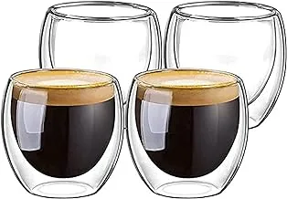 MIBRU Double Wall Glass for Espresso Turkish Tea Arabic Coffee Glass | Perfect for Latte Cappuccino Americano | Bubble Tea Demitasse Cups | Double layer Beverage Glassware Mugs 150ml (Pack 4)