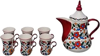 Rosa fm 008010 high quality porcelain tea set (tea pot with lid and 6 tea cups), 8 pieces - floral red