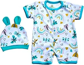 Baby Shoora Cotton Set of 2 Pieces Half Sleeves Bodysuit& Hat Printed Shapes For Unisex-White&Turquoise-6-12Month