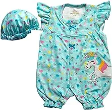 Baby Shoora Cotton Set of 2 Pieces Sleeveless Bodysuit& Hat Printed Horse For Girls-Turquoise-0-3Month