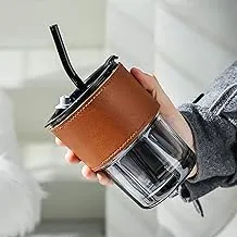 14 oz Glass Tumbler with Lid (Heart shaped stopper), Straw and Leather Sleeve (Smoked)