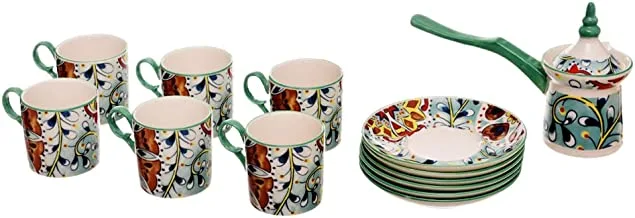 Rosa FM 8968 014028 Flora Porcelain Coffee Cup Set, 14 Pieces With Coffee Pot And Cover With Durable Material For Home And Office - Green