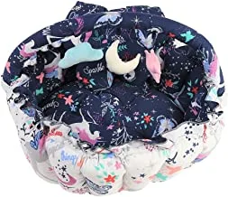 Mix & Max Cotton Round Baby Nest Double Face With Pillow Stand Mosquito Net and Baby Toys Printed Shapes For Unisex-Multicolor-60*60*27cm