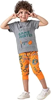 Access Cotton Pajama Set Of 2 Pieces Half Sleeves T-Shirt&Pants Printed Game Master For Boys-Grey&Orange-9-12Month