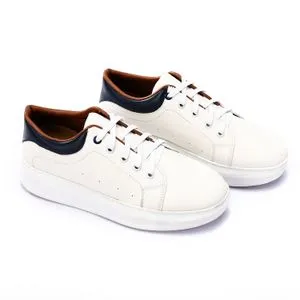 Hammer Stitched Accent Lace Up Sneakers - White & Navy Blue