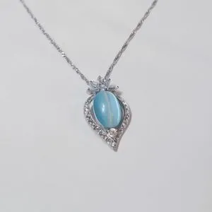 Platinum Plated Stainless Steel Silver Necklace Blue Stone And Zircon