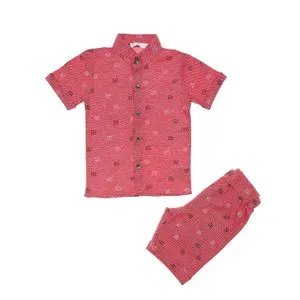 Bongo Boys Self Pattern Short Sleeves Mandarin Neck Red Set