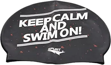 SPURT Keep Calm Swim On-Printed Silicone Swimming Cap in Bag For Adults Black