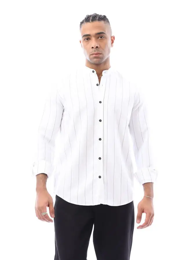 RAVIN Mandarin Collar White Striped Linen Shirt