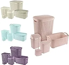 KNIT 5 PIECES BATHROOM SET Of Laundry Box, Clothes Bin, Detergent Box, Trash Can, Toilet Brush Multi Color