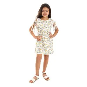 Bongo Girls White, Green & Mustard Elastic Waist Floral Dress