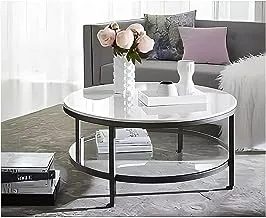 sama steel center table with diameter 80cm and height 45cm made of steel with black electrostatic coating and have shelves from transparent glass 8mm and on top white carrara marble