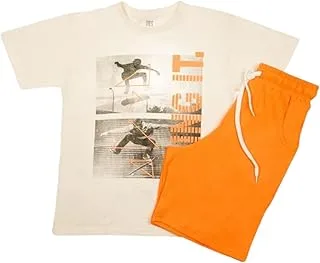 Papillon Cotton Set Of 2 Pieces Half Sleeves T-shirt&Short Printed Shapes For Boys-Off White&Orange-18Year