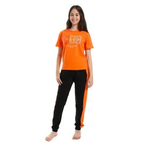 Bongo Girls Printed Pattern Short Sleeves Pajama Set - Tiger Orange & Black