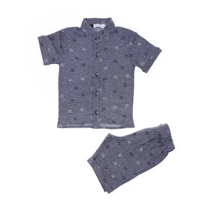 Bongo Boys Self Pattern Short Sleeves Mandarin Neck Navy Blue Set