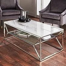 Sama steel center table with dimensions 50cm * 100cm * height 40cm made of silver stainless steel with white carrara marble above and have shelve from transpalent glass 8mm