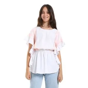 Bongo Ruffled Sleeves Sticted Flower Long Girls Blouse - White & Simon