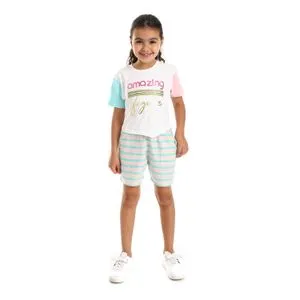 Bongo Rose & Teal Green Slip On Casual Girls Short Set