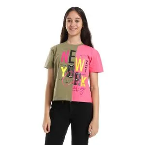 Bongo Bi-Tone Printed Short Sleeves Girls Tee - Hot Pink & Pine Green