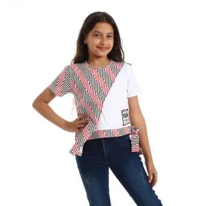 Bongo Sriped & Printed Girls Tee - White, Navy Blue & Red