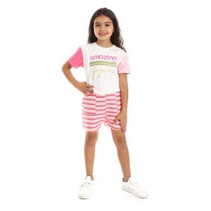 Bongo Pink & Neon Pink Slip On Casual Girls Short Set