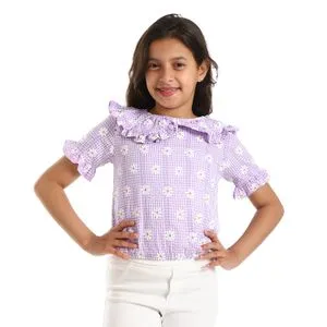 Bongo Floeal Patterned & Tiny Plaids Girls Blouse - Lavendar & White