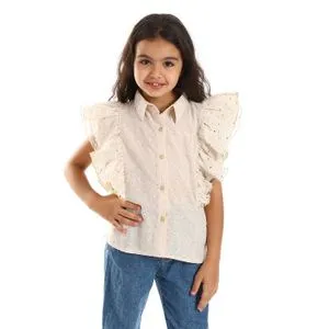 Bongo Ruffles Chest Perforated Floral Oat Girls Shirt