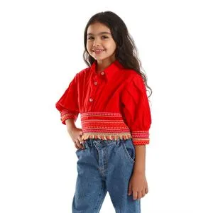 Bongo Gathered Waist Long Sleeves Girls Shirt - Red