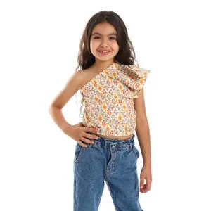 Bongo One Shoulder Self Patterned White, Teal Green & Orange Girls Top