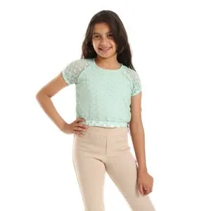 Bongo Elastic Hem Stitched Patterned Girls Blouse - Mint Green