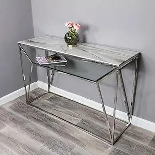 sama steel cosole table with dimensions 40cm * 120cm * height 90cm made of silver stainless steel with white carrara marble above and have shelve from transpalent glass 8mm