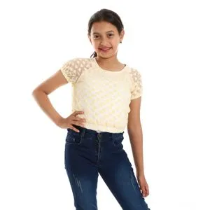 Bongo Elastic Hem Stitched Patterned Girls Blouse - Yellow