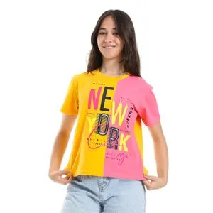 Bongo Bi-Tone Printed Short Sleeves Girls Tee - Hot Pink & Merigold