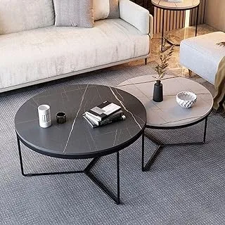 Sama steel center table consisting of two pieces with diameter 60cm * height 45cm and diameter 40cm * height 40cm made of steel with black electrostatic coating with marble